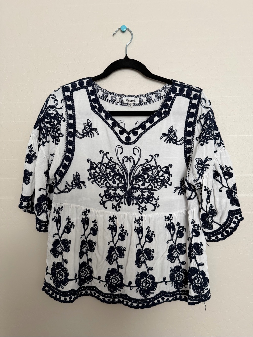 Kindred Soul White Blouse with Navy Embroidered Detail
